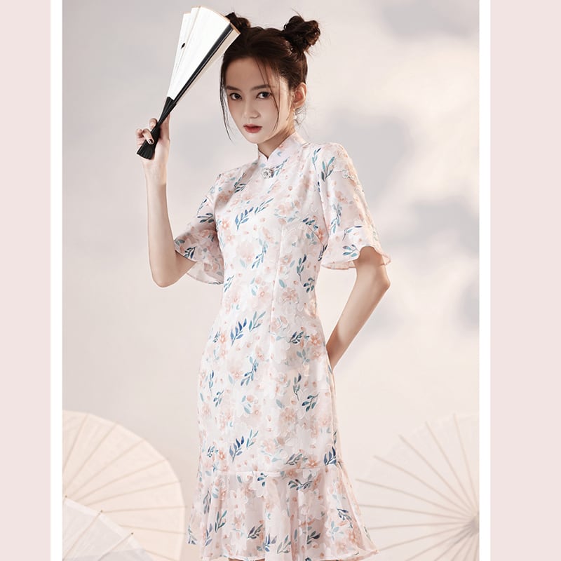 [YUEQIAO Series]★Cheongsam dress★Short length mermaid line Chinese style dress Chiffon Light pink