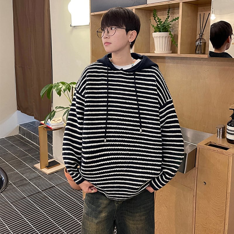 [NANSHI Series]★Sweater★ 2color Knit Parka Tops Unisex Men's Horizontal Stripes Striped Pattern Black Blue