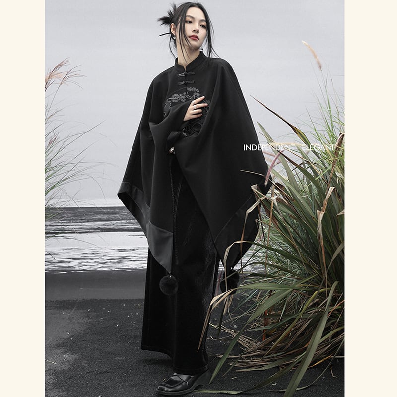 [Da Qinglong Shu Series] ★China style outerwear★ Cloak coat Rasha embroidery Chinese clothing Black Black Irregular