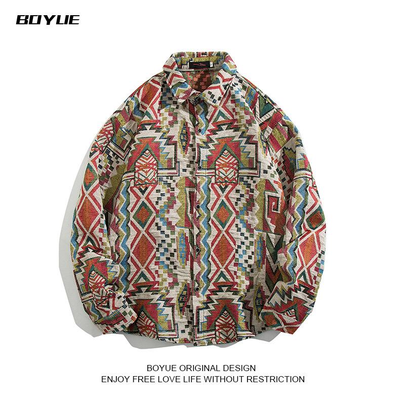 [BOYUE Leeds] ★Retro Shirt★ Shirt Jacket Long Sleeve Shirt Tops Unisex Casual Ethnic Style Shirt Print