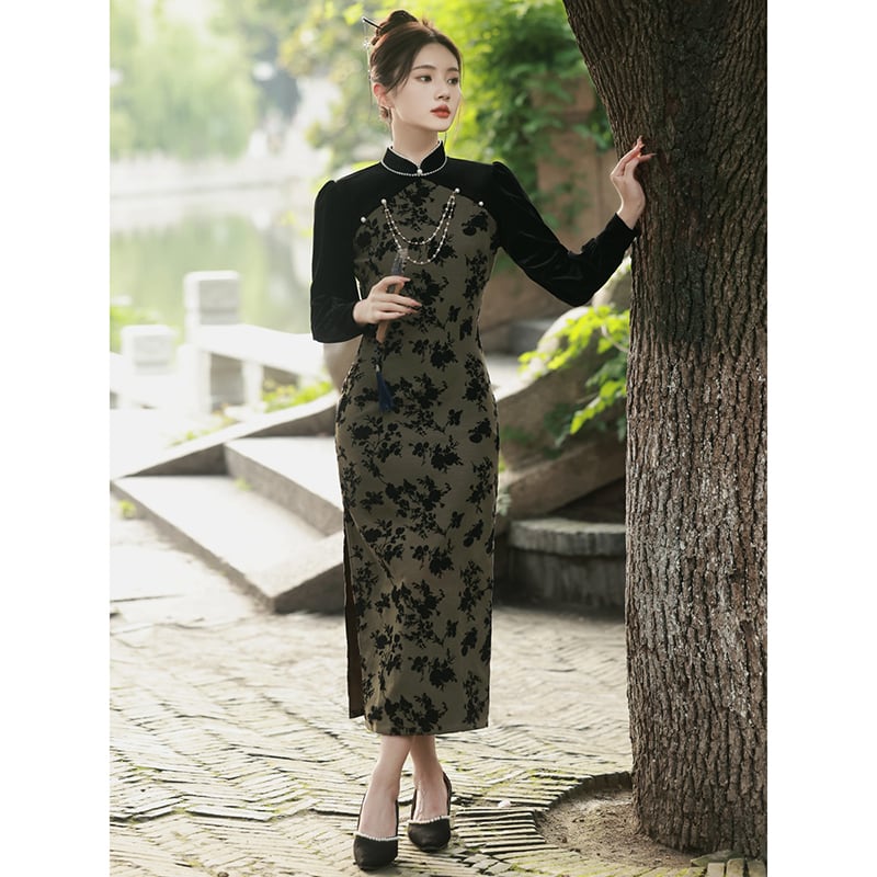 [RUYUN Series] ★Cheongsam Dress★ 2color Switching Velvet Temperament Enhancement Floral Pattern Chinese Style Dress