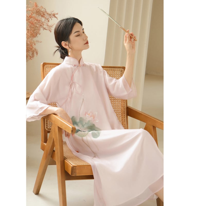 [Shimu Series] ★Chinese style dress★ Elegant Chinese clothes Tang suit Retro print Summer clothes Lotus Pink