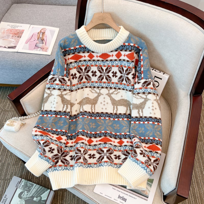 [White Sugar Series]★Sweater★ 2color Christmas Tops Cute Deer Date Apricot Green Autumn/Winter Clothes