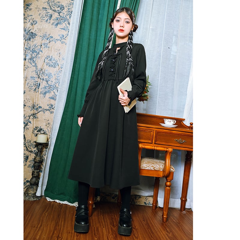 [Ancient mansion --- 臇薇 series] ★China style dress★ Long dress Black Black China button