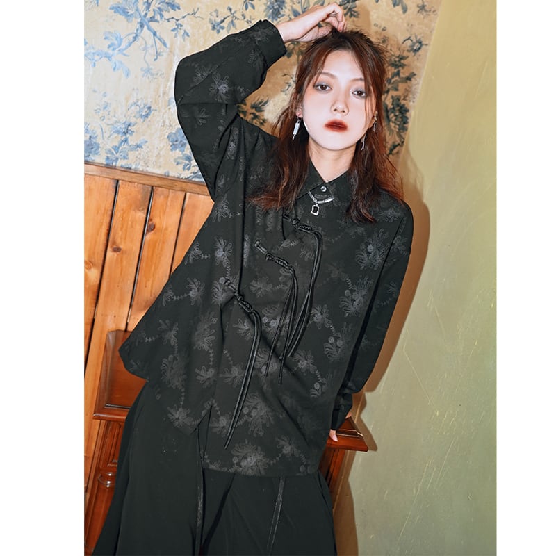 [Ancient Monster---Ink series] ★China style shirt★ Tops long sleeve shirt original print black black