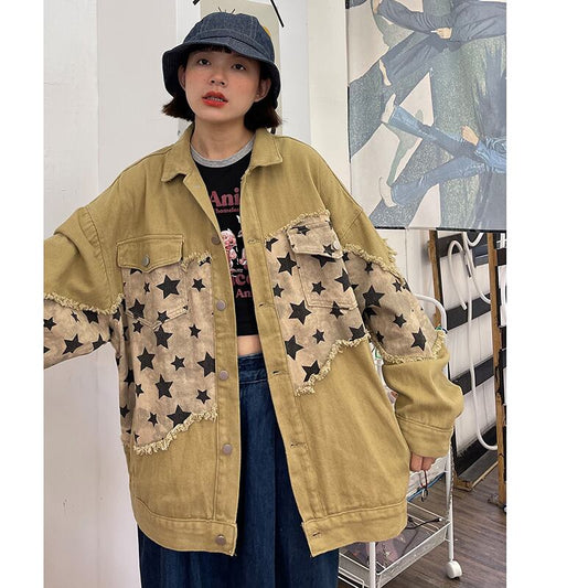 [Fujiman Series] ★Jacket★ 2color outer denim jacket casual star pattern unisex men's easy to match