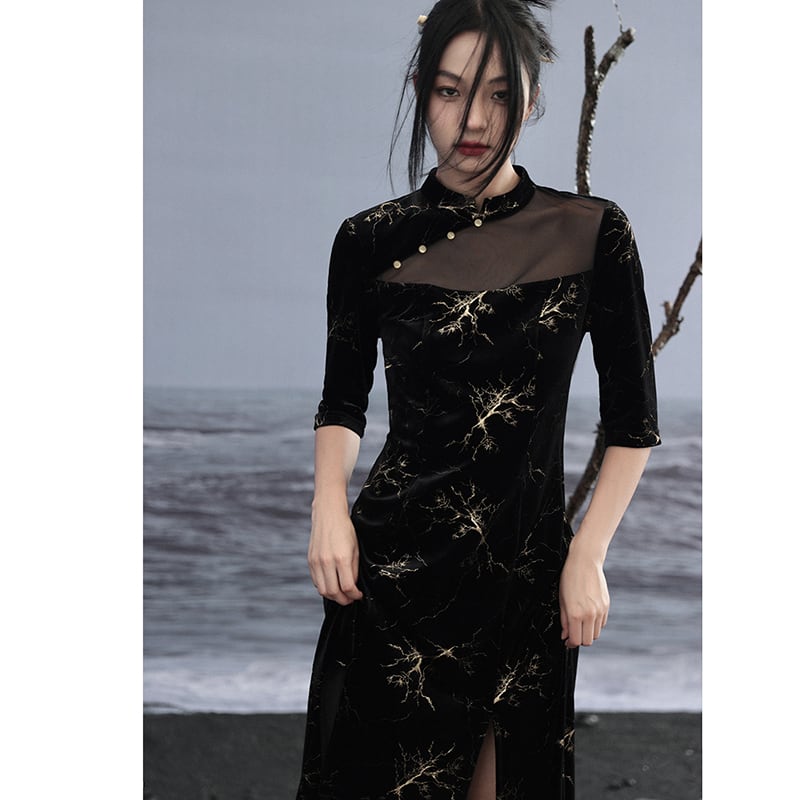 [Daiseiryusu Series] ★China-style dress★ Improved cheongsam dress, velvet, switching slit, black