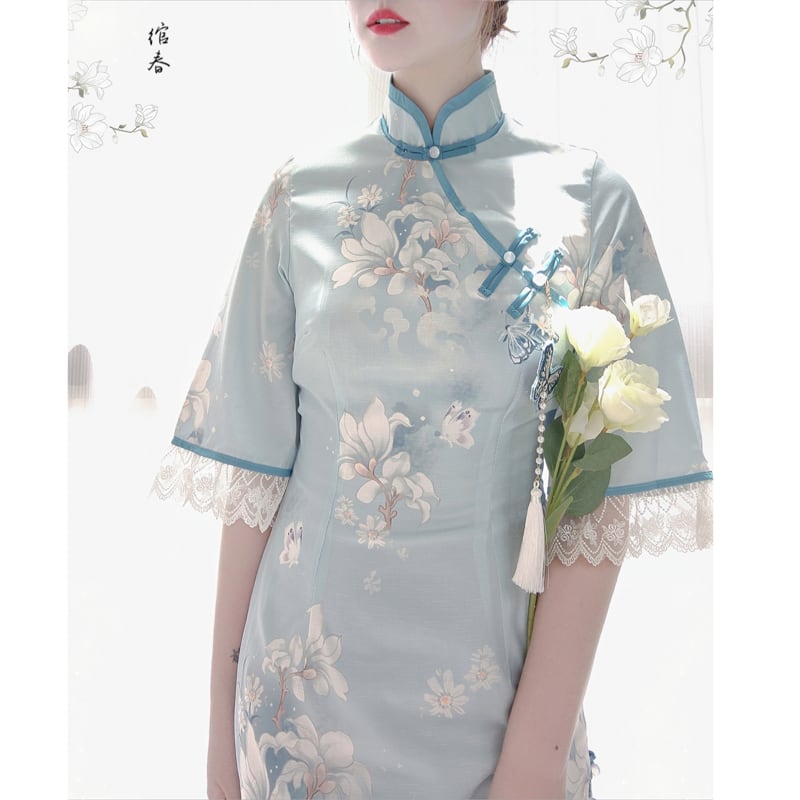 [Dust Smoke Cloud Dream --- Unlan Jade Nishiki Series]★China-style dress★Cheongsam dress, Chinese clothes, short sleeves, long length, butterfly ornament included