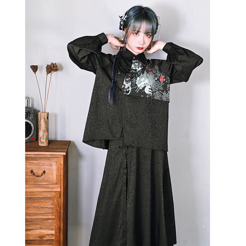 [Ancient monster house ---biting pattern series] ★China style shirt★ Switching print switching Black Black Harajuku style