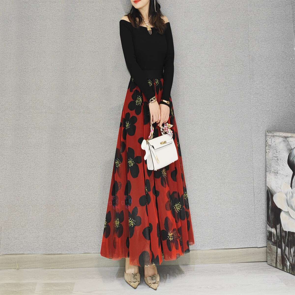 [NICHANG series] ★Floral pattern skirt★ 3 types of lengths available Large size Red Red