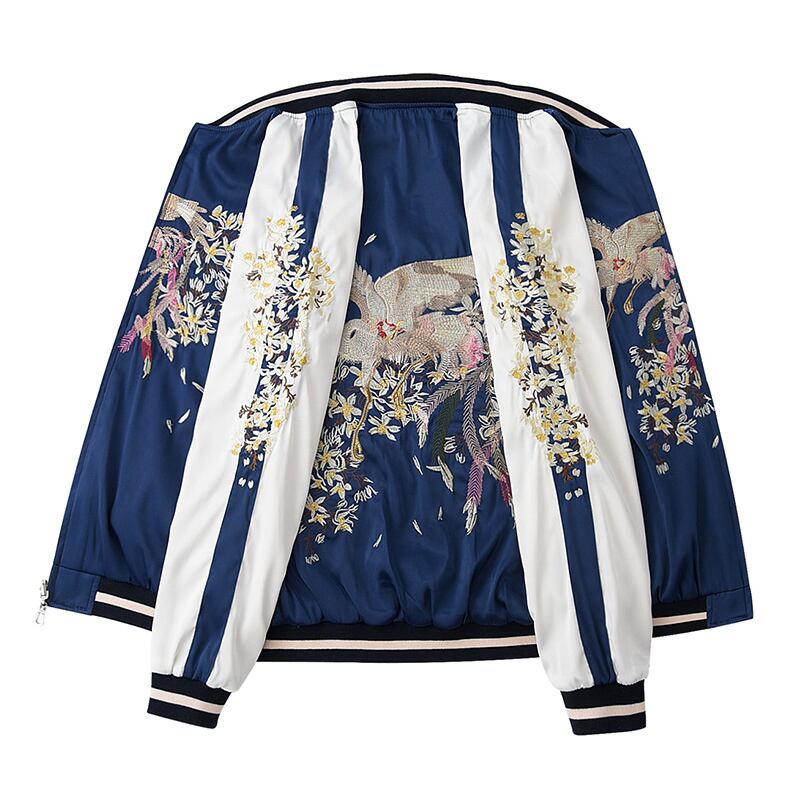 Embroidered stadium jacket, clothes that can be worn on both sides, casual, long sleeve, cute, blue, large size