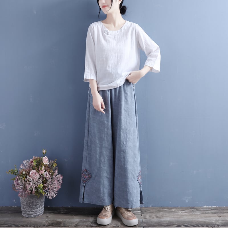 [Qing Series]★China style trousers★ 4 colors casual pants slit embroidery blue white brown black