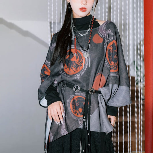 [Old Monster---Gold Series]★China-style tops★Cloak, irregular, loose, original print, unique