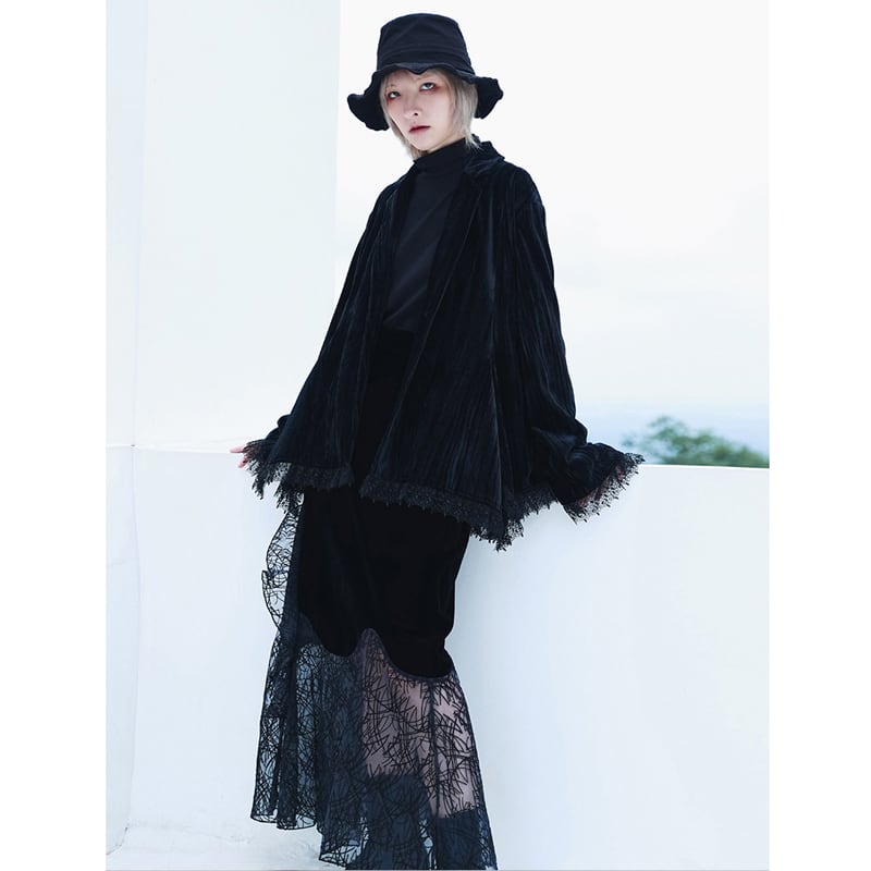 [Daiseiryusu Series]★Skirt★ Bottoms switching velvet long length embroidery mesh SML black black