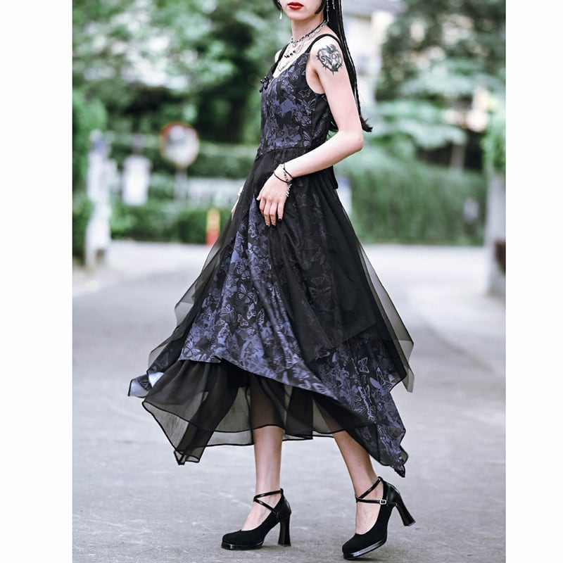 [Ancient monster house --- Butterfly series] ★China style dress★ Hanging dress Butterfly pattern print Long length Cute