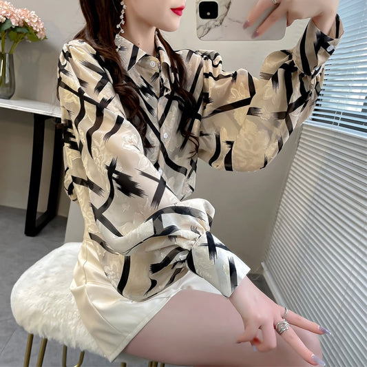 [MOLI Series]★Shirt★ Tops Floral Pattern Chiffon Lantern Sleeve Long Sleeve Commuting Beige POLO Neck