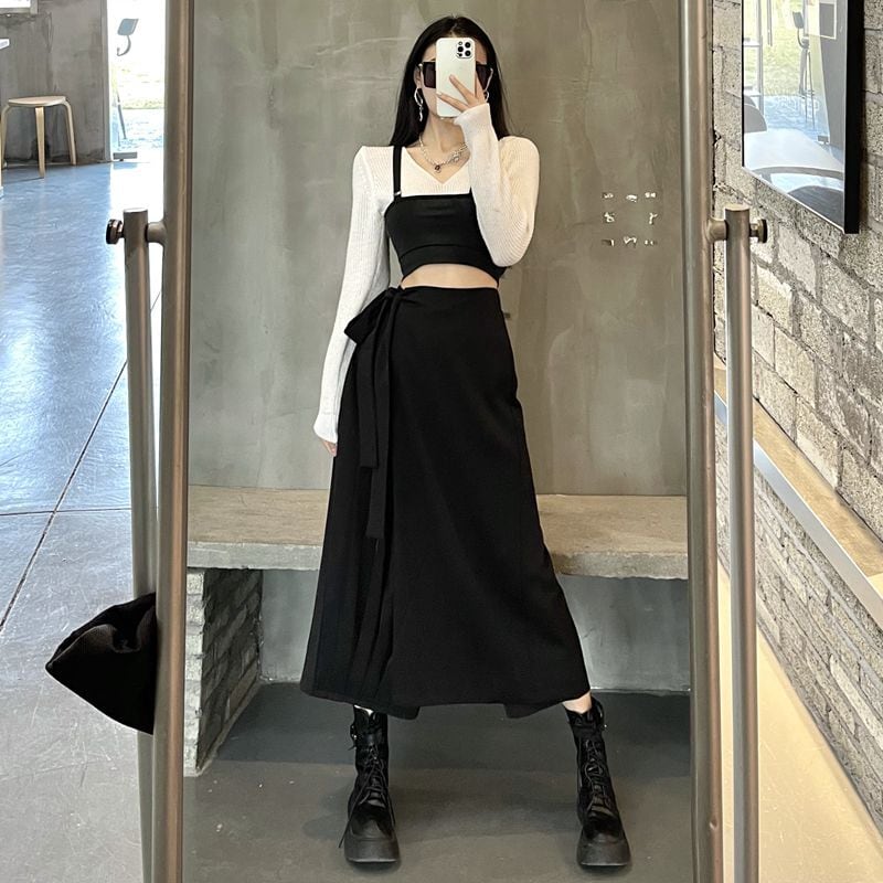 [Modern People Series]★Culotte Skirt★ Fake Layered Harajuku Style Plain Black Black SM Fashion