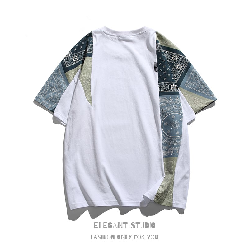 [SGLL Series]★T-shirt★ Paisley Men's Unisex Summer Black White Paisley Pattern T-shirt Switching Short Sleeve