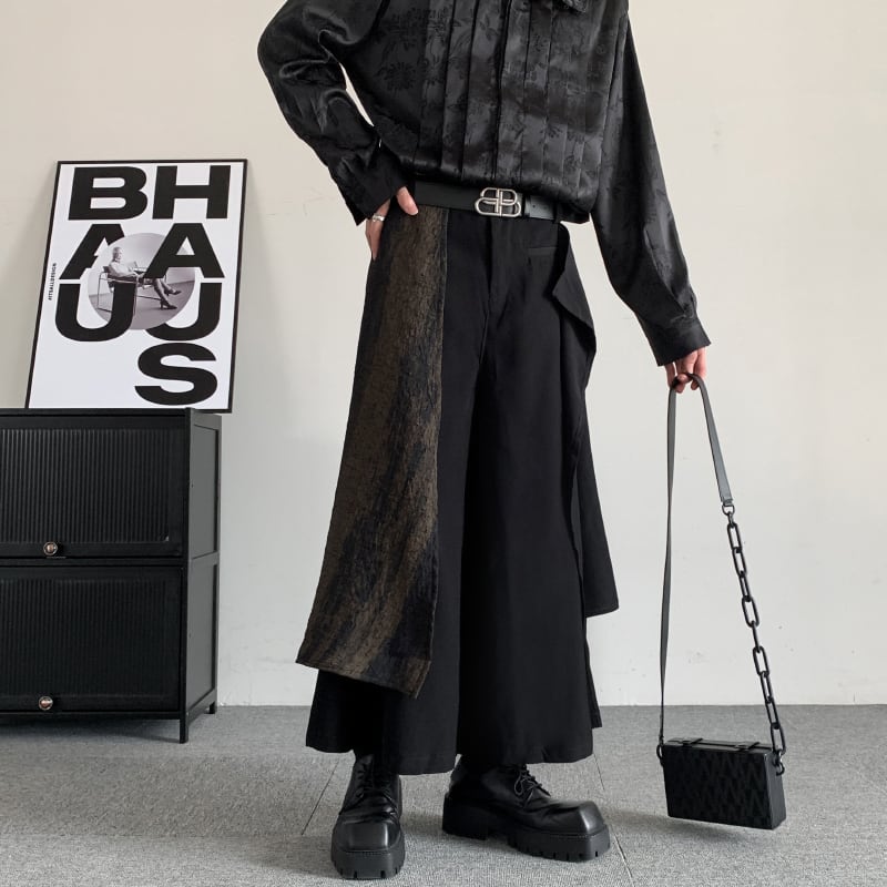 [Illustrated series]★China style trousers★ Gaucho pants, irregular, unisex, men's, nine-quarter length, black, black switching