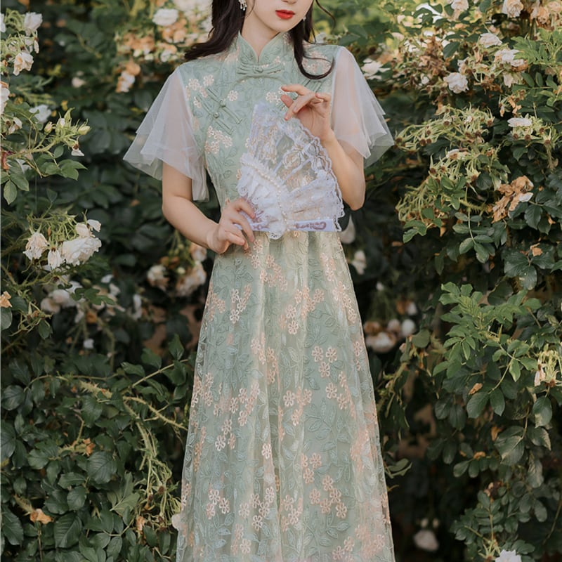 [DAXIAOJIE series]★China style dress★ Embroidery long length green green SML date cute sleeves