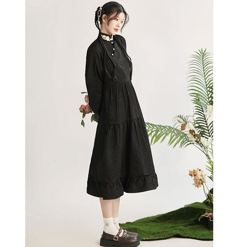 [Three---Kinsui Series]★China style dress★2color embroidery long sleeve dress everyday wear cute black white