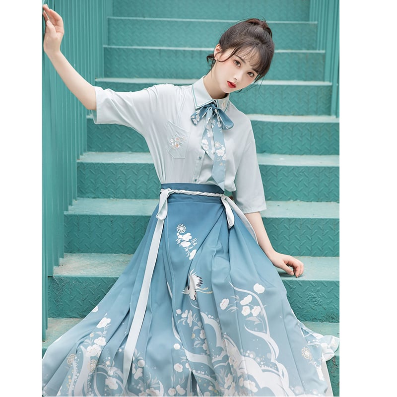 [Ikeka Series] ★Chinese-style setup★ Shirt + wrap skirt + ribbon Improved Hanfu Crane Blue Everyday Date Fireworks Festival