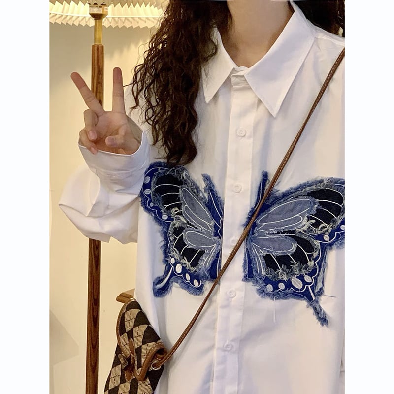 [UATONLINE Series]★Shirt★ 3color Tops Butterfly Unisex Men's Retro Blue White Pink