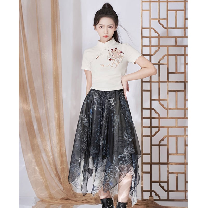 [Kyoto series]★China style skirt★ 2color bottoms chiffon irregular cute easy to match white black