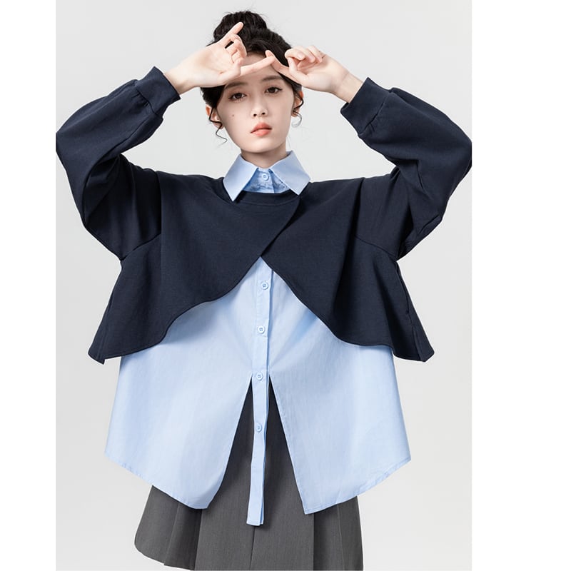 [WEIWU Series]★Tops★ Faux layered POLO neck color scheme fashion loose blue blue