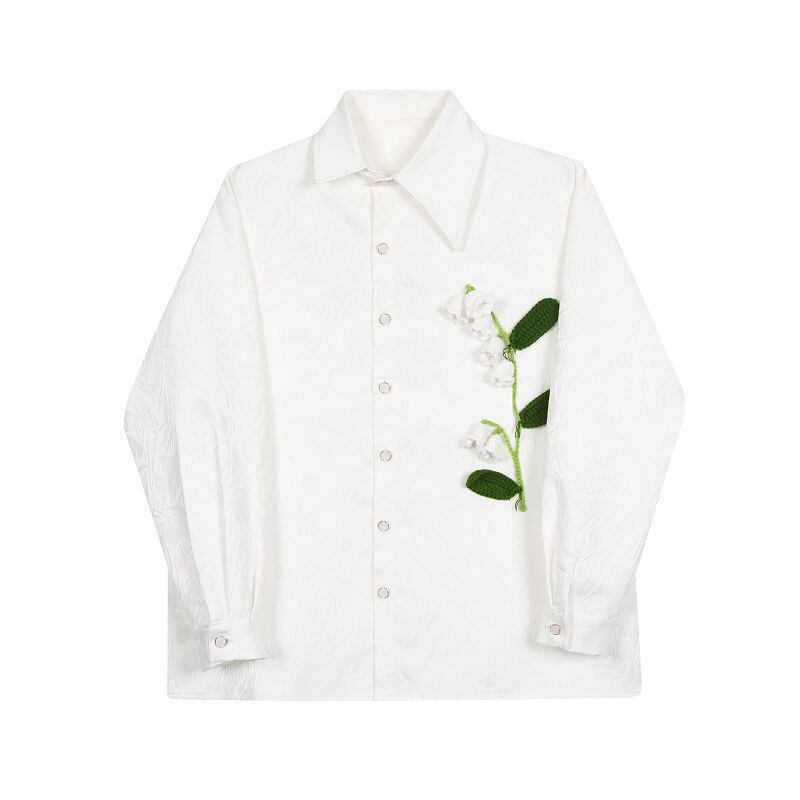 [Illustrated Series] ★China Style Shirt★ Tops, Long Sleeve Shirt, Unisex, Men's, Suzuran, Lily of the Valley, Floral Pattern, White, White