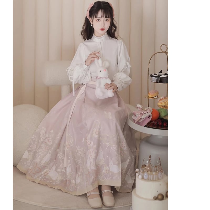 [Kaede bamboo---Hanako rabbit series] ★China style setup★ 2-piece set, long sleeve shirt + windshield skirt, coming-of-age ceremony, everyday wear, white, pink