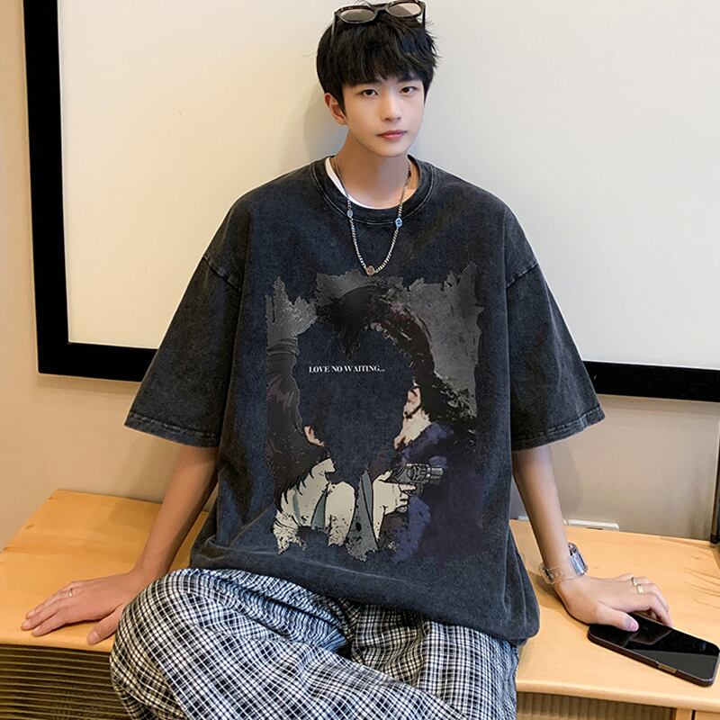 【Lettheheartシリーズ】★トップス★ Tシャツ 男女兼用 メンズ 大きいサイズ レトロ 個性的 黒灰色 合わせやすい