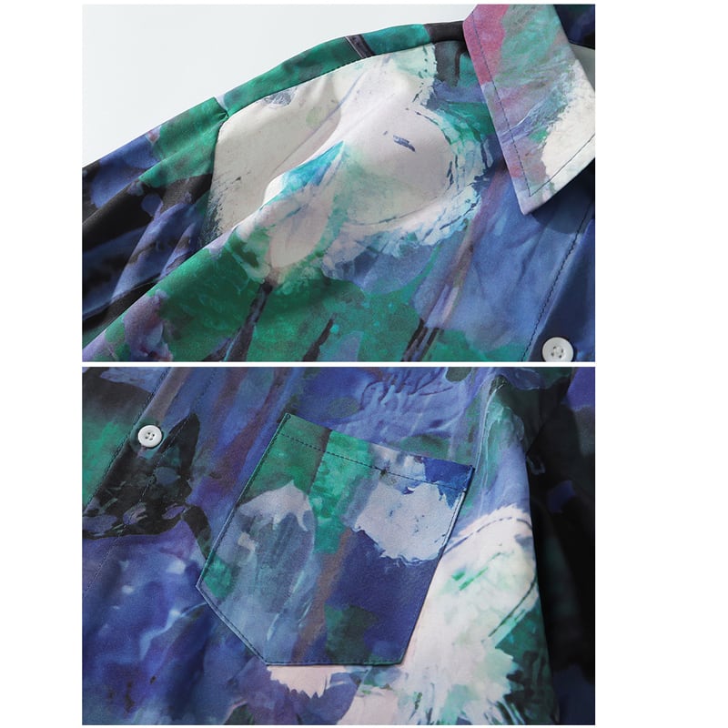 [TRAVEL ISSUANCE series]★Oil painting style shirt★ Tops Short sleeve shirt Spring/summer ML XL 2XL Unisex Men's V-neck Blue Green