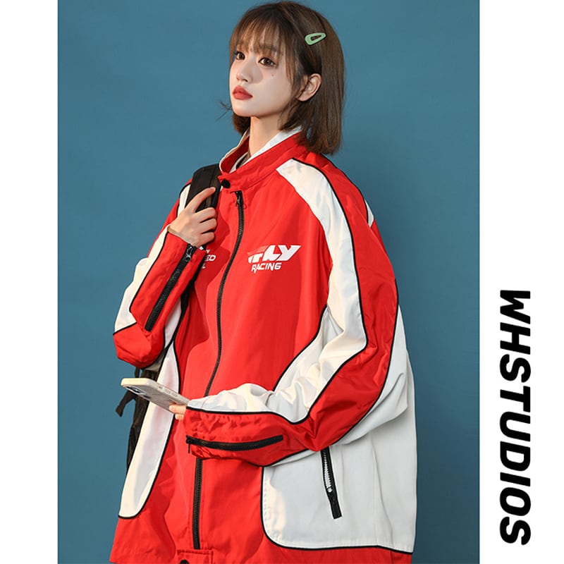 [HUINIU series]★Jacket★ 2color outerwear unisex men's color scheme red black ML XL 2XL