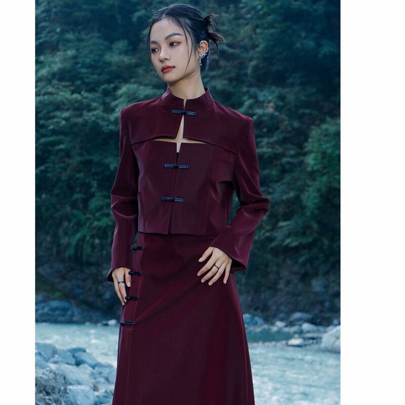 [Big Blue Dragon Series] ★China style outerwear★ PU jacket China button openwork wine red red