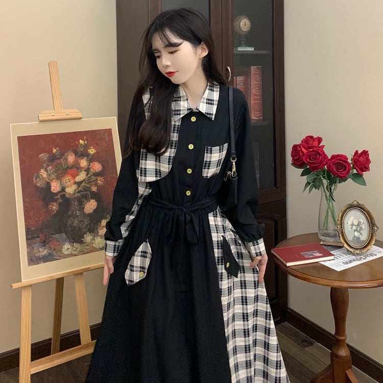 [Dong Xiaojie Series] ★Checked pattern dress★ Large size, fake layered, slimming, switching, cute, black, black