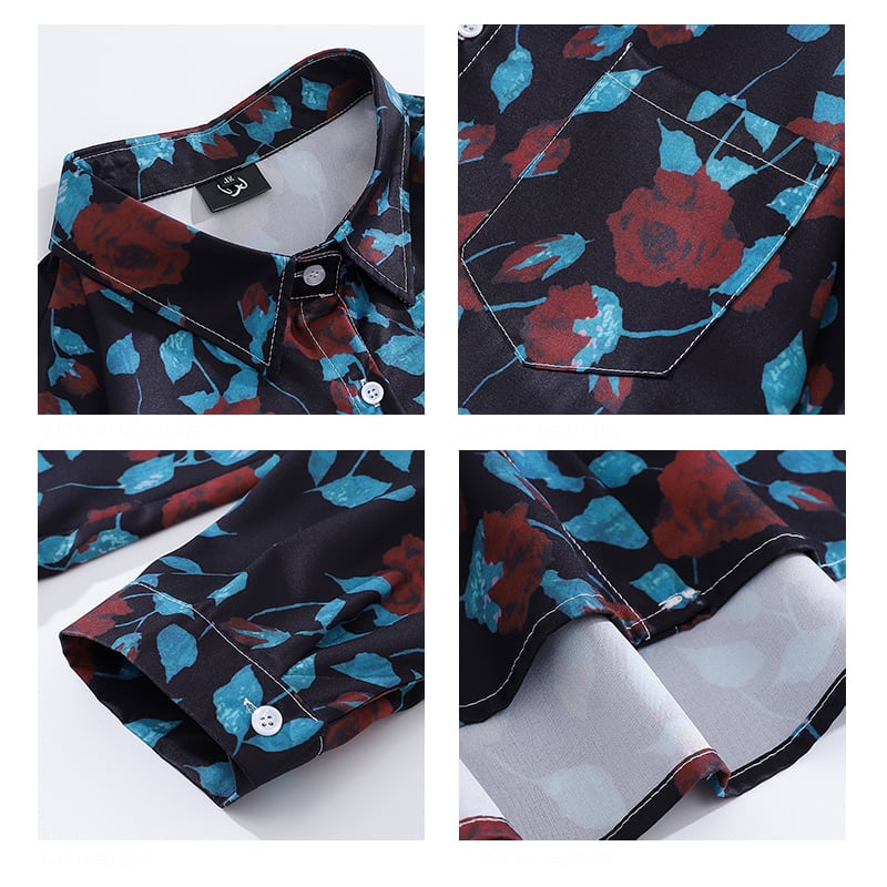 [HTTAOSUP Series]★Shirt★ Tops Floral pattern shirt Long sleeve shirt Unisex Men's ML XL 2XL Blue Red