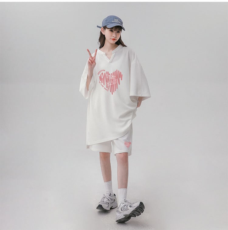 [LIEQU Series]★Setup★ 2color T-shirt + shorts Unisex Men's Loose Cute White Black