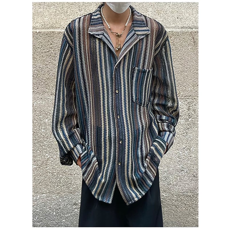 [14GSL Series]★Retro Shirt★ Tops Unisex Men's V-neck Vertical Striped Striped Pattern ML XL Cool