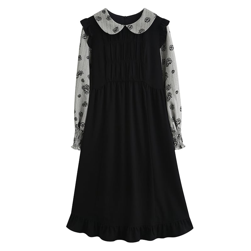 [ZITAIMEIGUI Series] ★One Piece★ Long Length Switching Floral Pattern Women's Commuting Date Black Black