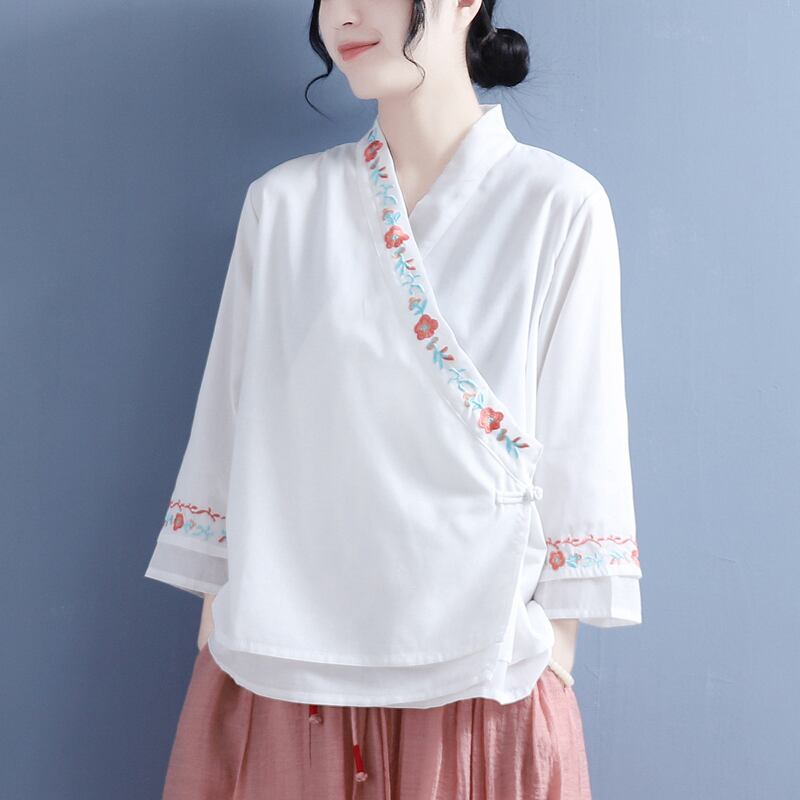 [Qing Series]★China style shirt★ Tops 5 colors White Pink Blue Purple Blue Green V-neck Embroidery Three-quarter sleeves