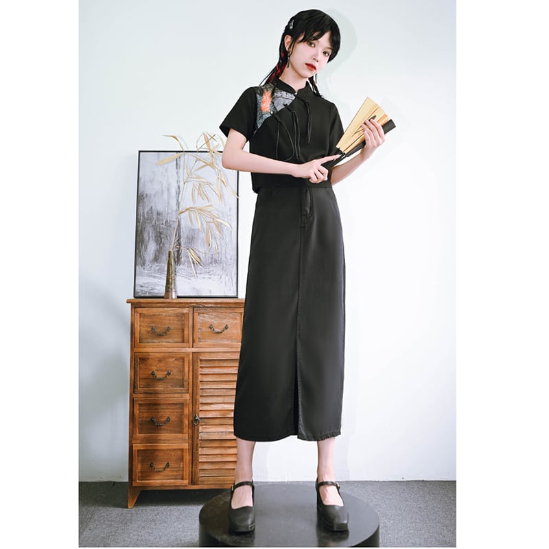 [Kokaisha---Kyouka Suigetsu Series]★China style skirt★Bottoms Black Black Plain Easy to match