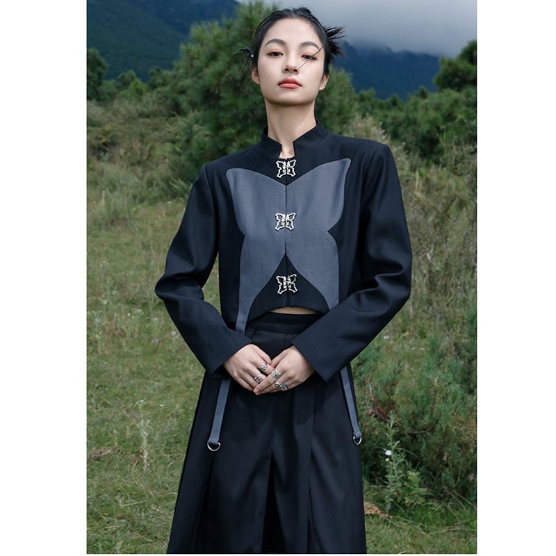 [Big Blue Dragon Series] ★China style outerwear★ Mini length Butterfly design Original black gray color scheme