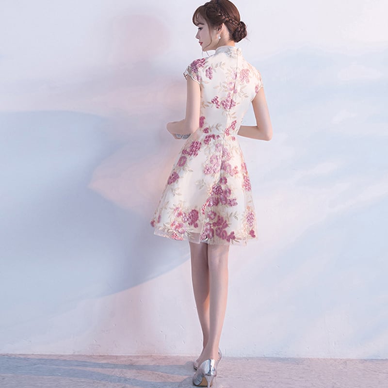 Short Cheongsam Dress with Flower Embroidery Coming of Age Ceremony Party Short Sleeve XS SML XL 2XLL Evening Dress Sweet