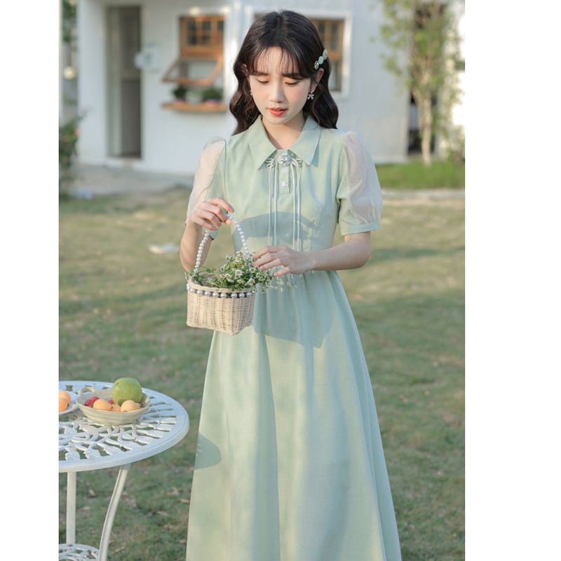 [NANMOSEN Series] ★China style dress★ Short sleeve dress, China button, cute, improves temperament, green