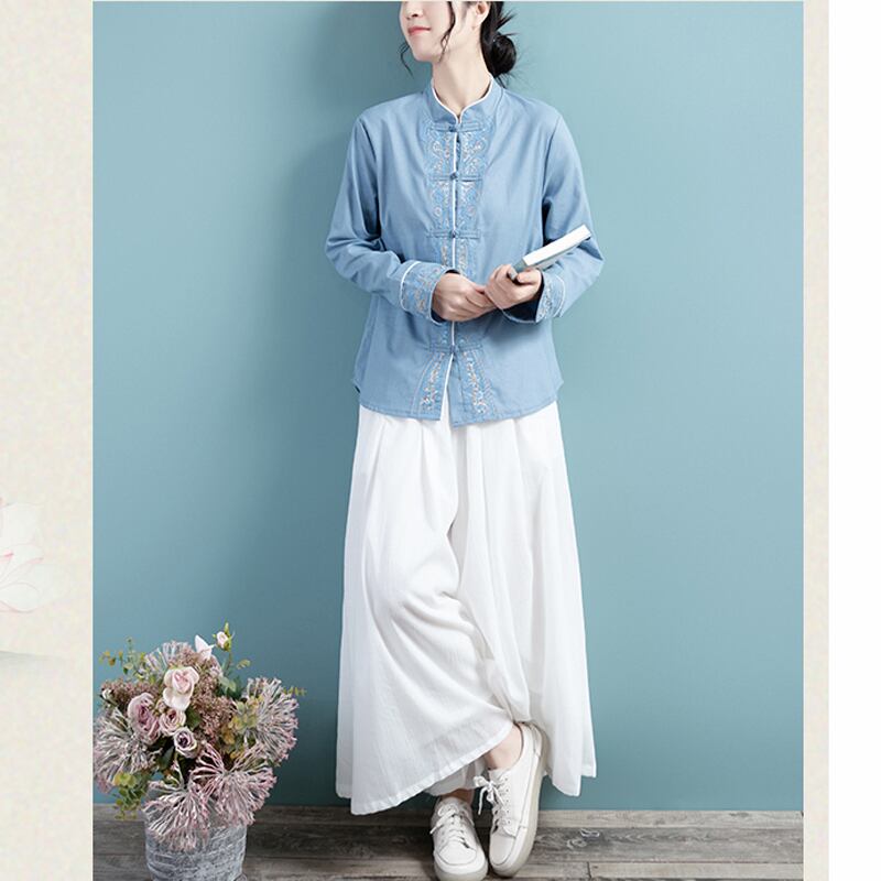 [Qing Series]★China style tops★ 3color embroidery long sleeve shirt simple easy to match Blue Yellow Purple