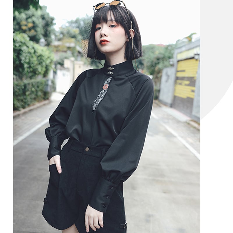 [Kokaisha Series] ★Chinese-style shirt★ Tops 2 colors Original Embroidery Stand-up collar White Black