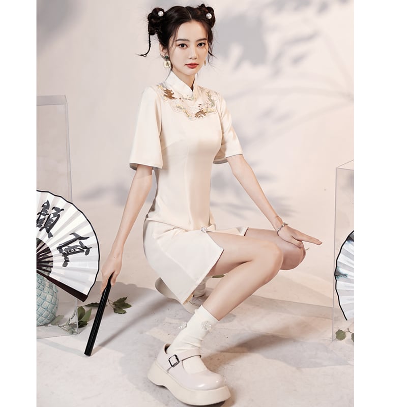 [YUEQIAO series] ★Cheongsam dress★ Short length embroidery Chinese style dress Chinese clothes White White