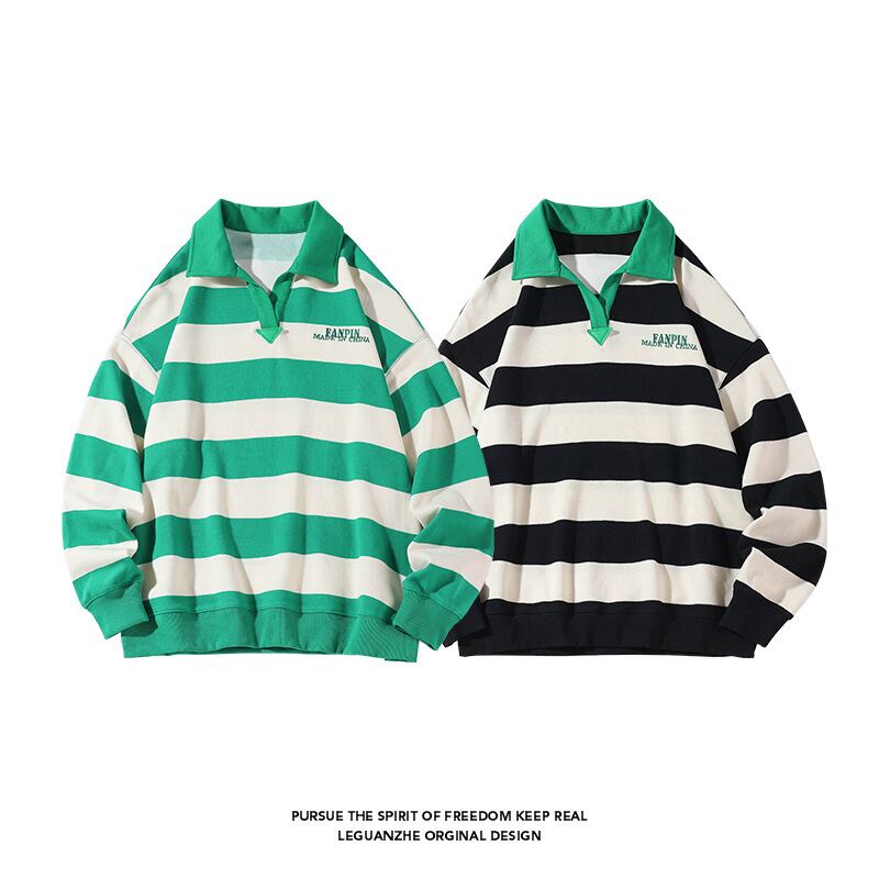 [BIGEMAN Series] ★Tops★ 2color Unisex Men's POLO neck Horizontal stripes Black Green Large size