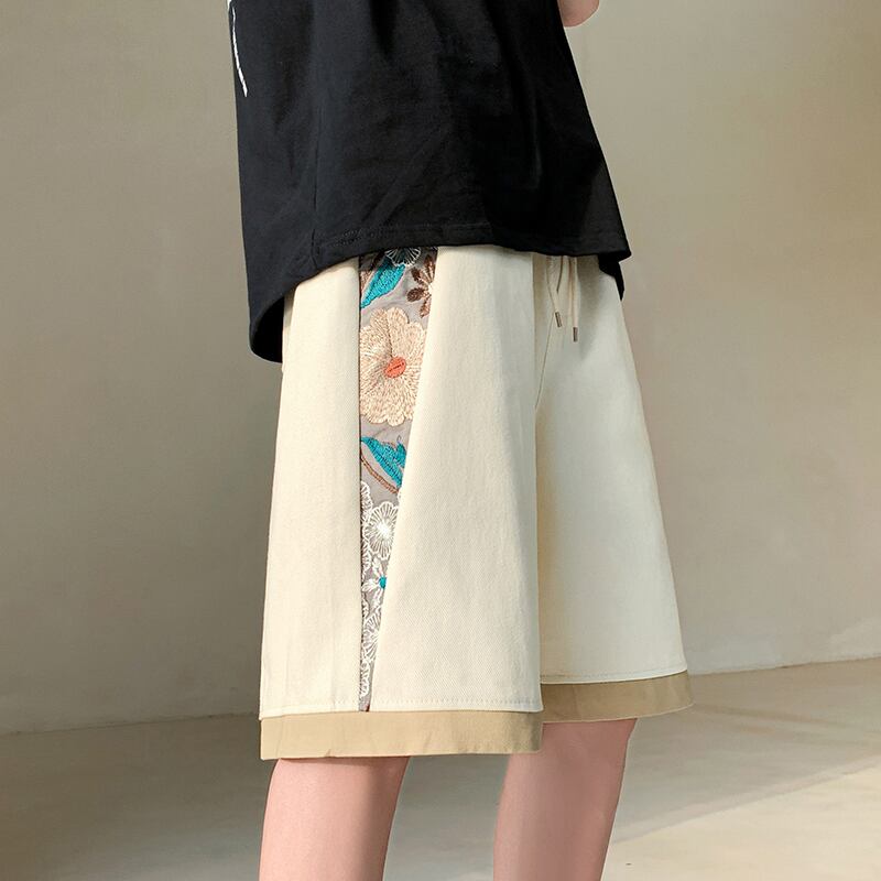 [V37 Series] ★Shorts★ 2color Black or Beige Shorts Summer Clothes Embroidery Floral Pattern Unisex Large Size